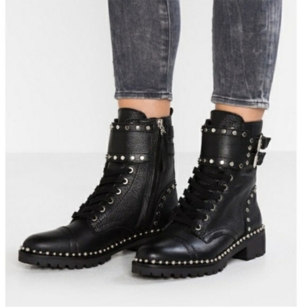 Sam Edelman Jennifer studded black leather combat moto biker Boots sz 8 90’s y2k